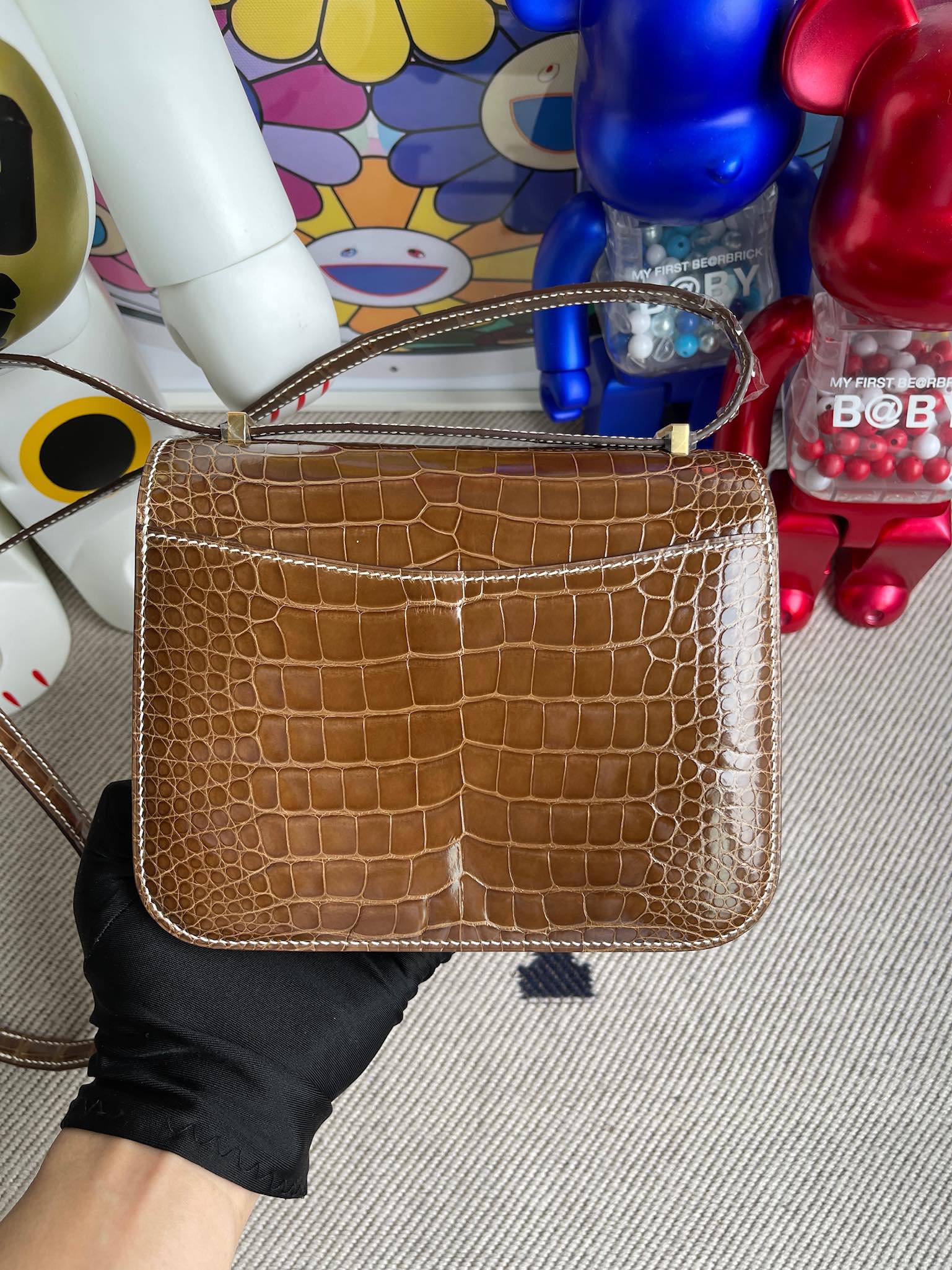 에르메스 콘스탄스18 브라운 금장 샤이니 악어가죽